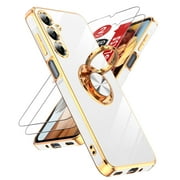 LeYi For Samsung Galaxy A16 5G Phone Case:2pcs Tempered Glass Screen Protector and 360° Rotatable Ring Mount Magnetic Stand,Rose Gold Plated Edge Protector Samsung A16 5G Phone Case, White